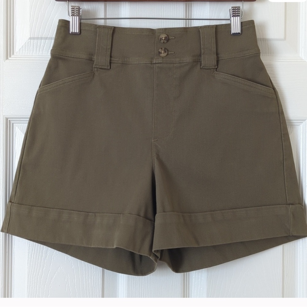 Spanx Stretch Twill High Waisted Cuffed Wide Leg Trouser Shorts Tuscon Olive S